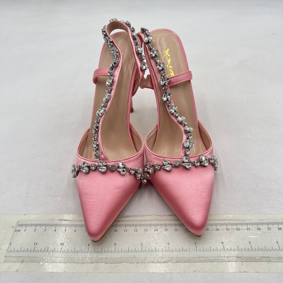 XYD Pink Jeweled Satin Pointed Toe Slingback Strappy Crystal High Heels Pumps - Picture 3 of 8